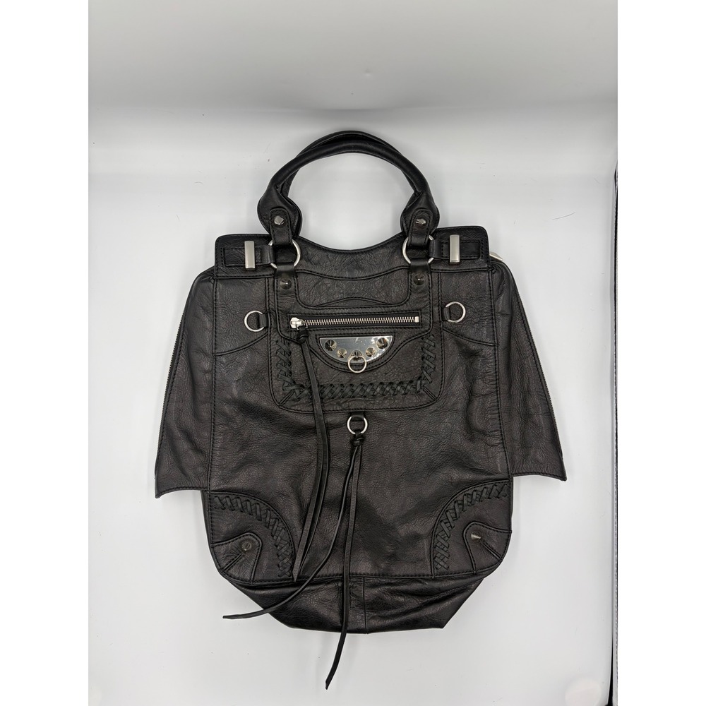 Sam Edelman Black Leather Whipstitch Tote Bag Leopard Print Lining Moto Edgy